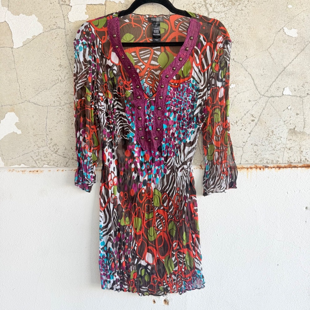 Y2K Boho Tunic Top Sheer Studded Printed Coverup Bisou Bisou Women L Funky Retro